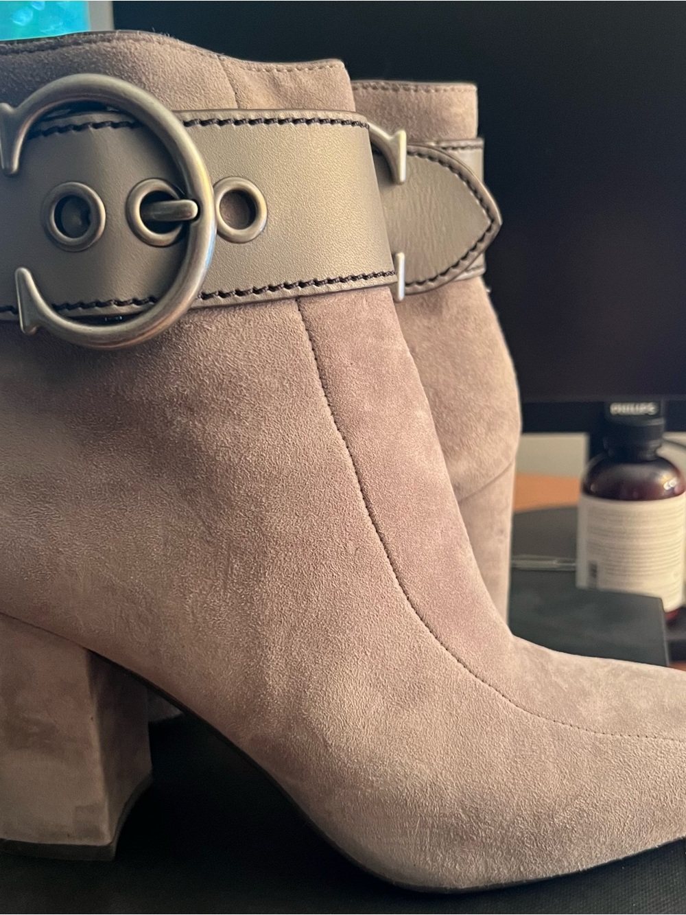 Coach Taupe Suede Ankle Boots with Round Buckle Strap